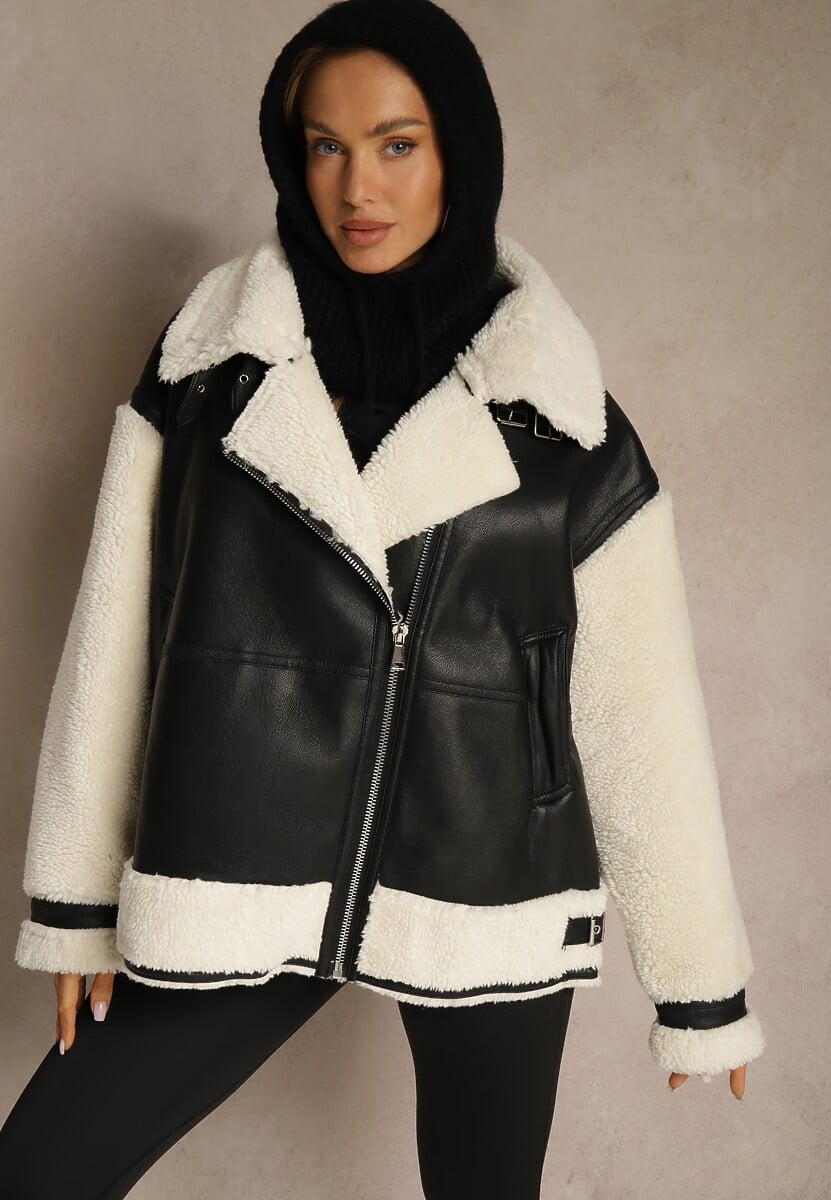 Czarno-Biała Kurtka Ramoneska z Futerkiem Mysteri