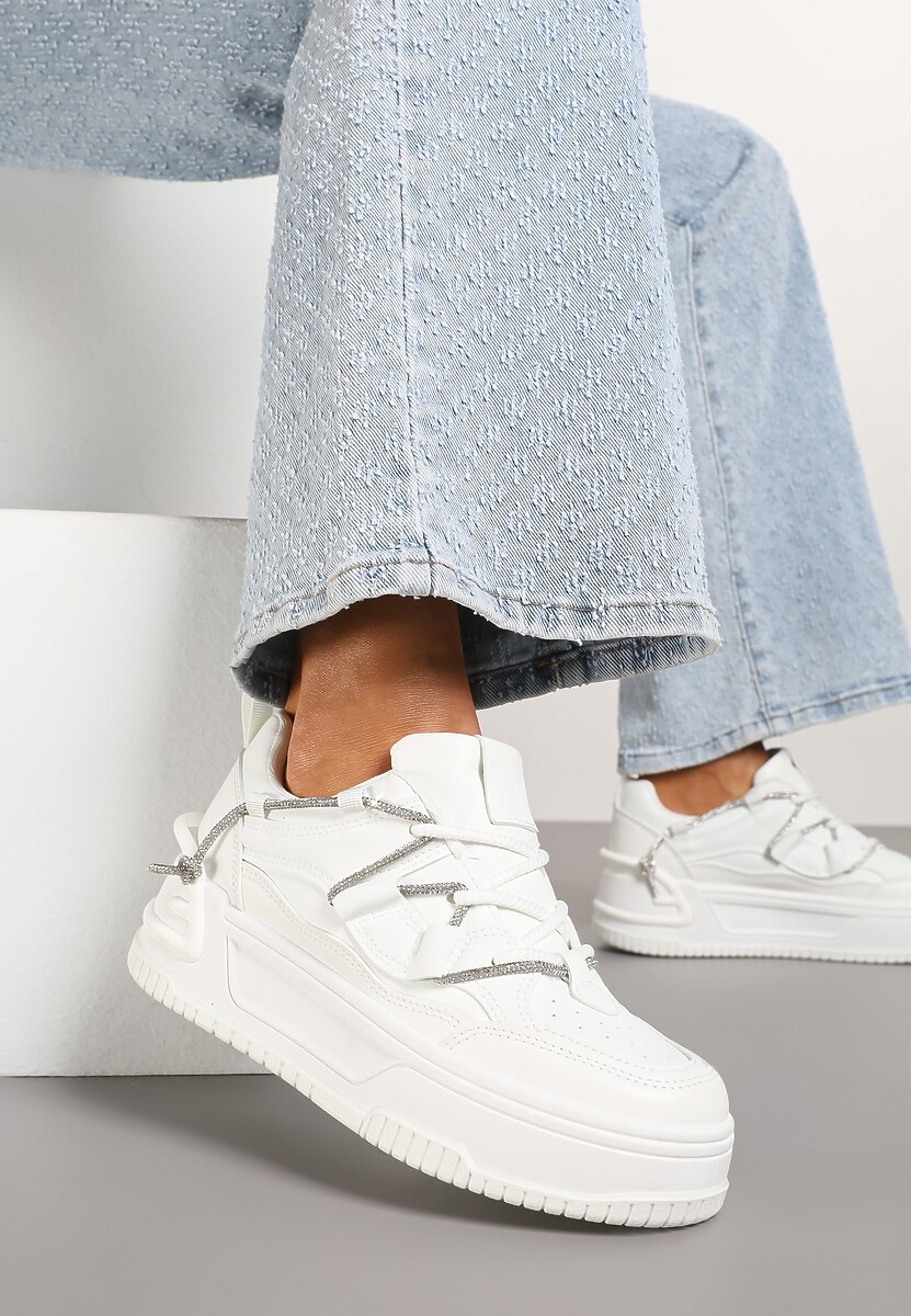 Białe Sneakersy na Platformie z Paskiem z Cyrkonii Aneolin