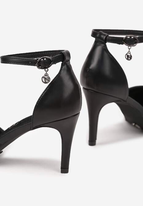 Czarne Szpilki Vices z Wkładką ze Skóry Naturalnej i Ozdobnym Paskiem Korori