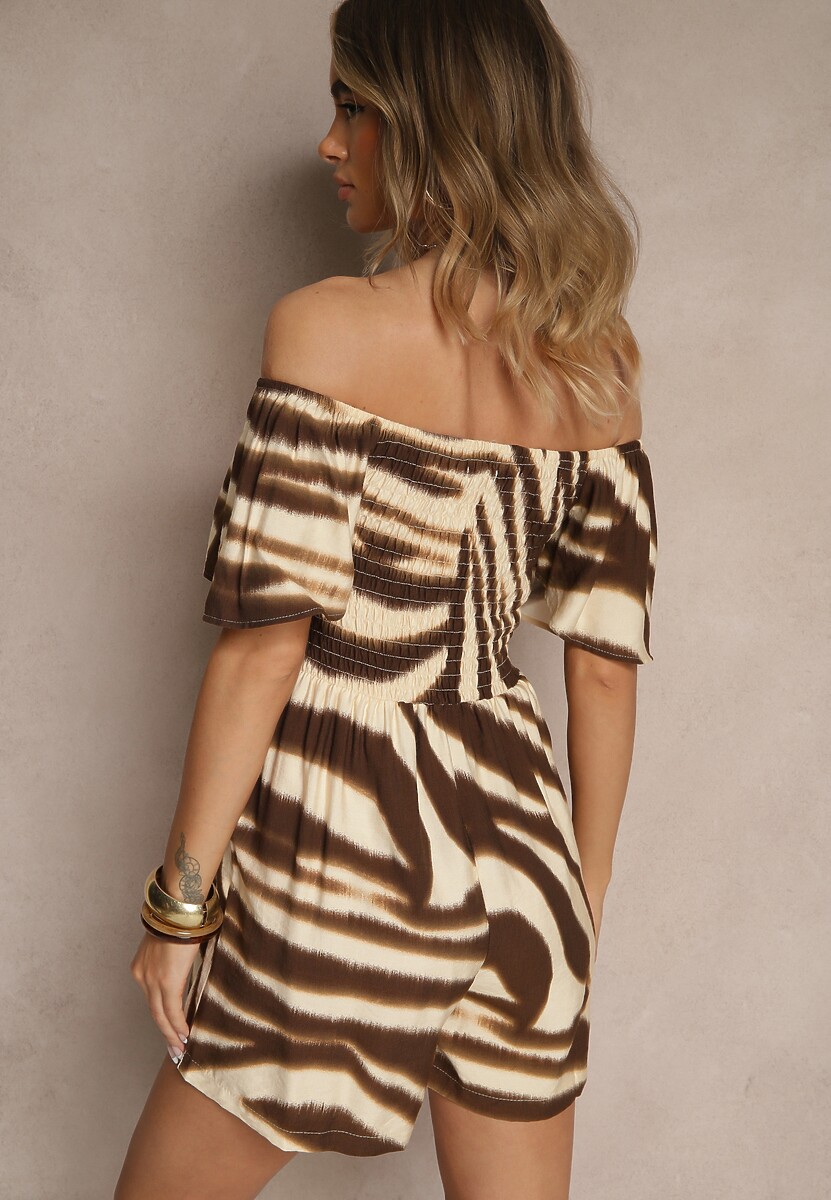 Brązowy Kombinezon z Wiskozy w Abstrakcyjny Wzór Filisena