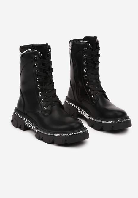 Czarne Botki w Typie Workerów z Ozdobnymi Cyrkoniami Eriselaes