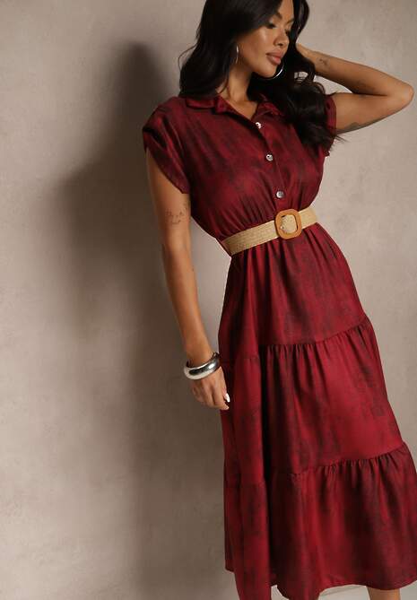Bordowa Sukienka z Guzikami i Paskiem z Plecionki Fillona