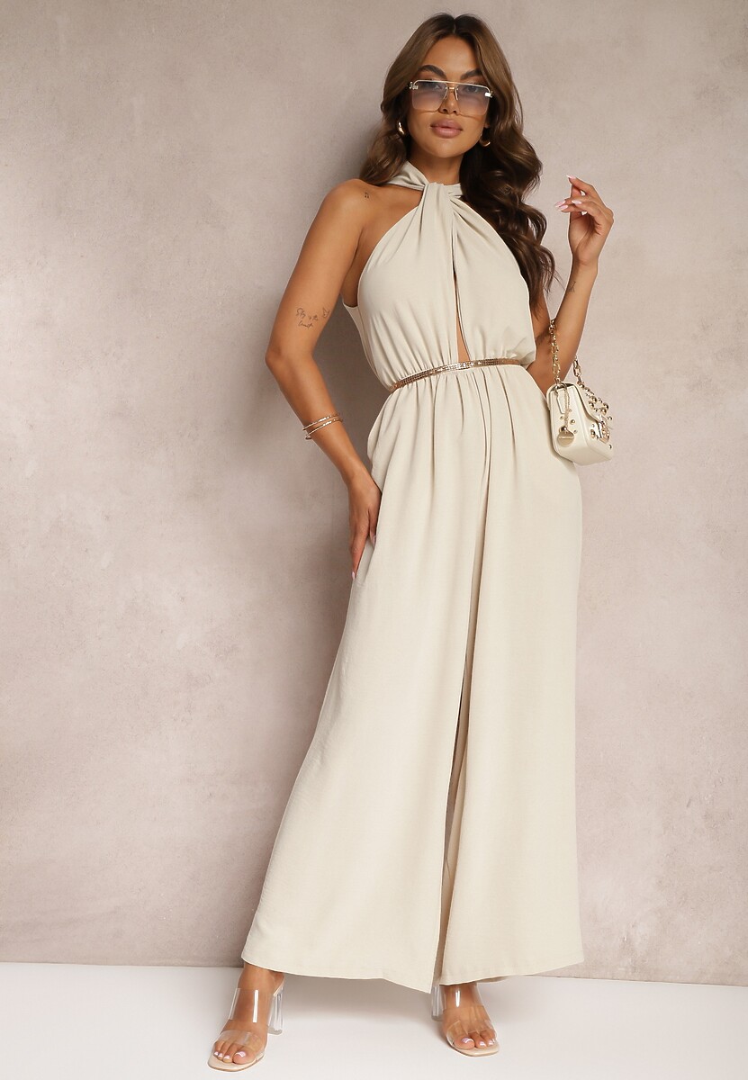 Beżowy Taliowany Kombinezon ze Ściągaczem w Talii i Wiązaniem przy Szyi Rivasiris