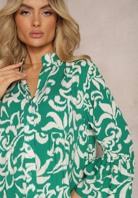 Zielona Rozkloszowana Sukienka z Wiskozy w Ornamentalny Wzór Irlilena