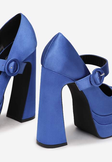 Niebieskie Czółenka Satynowe na Wysokim Słupku i Platformie Zoyi