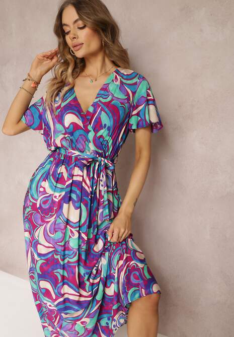 Fioletowa Wiskozowa Sukienka Maxi z Gumką w Talii i Materiałowym Paskiem Saramu