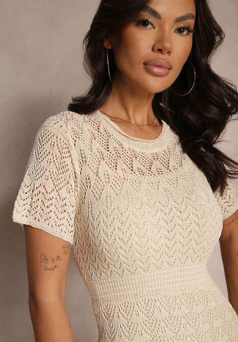 Beżowa Taliowana Sukienka z Wiskozą z Ażurowym Wzorem Anelvia