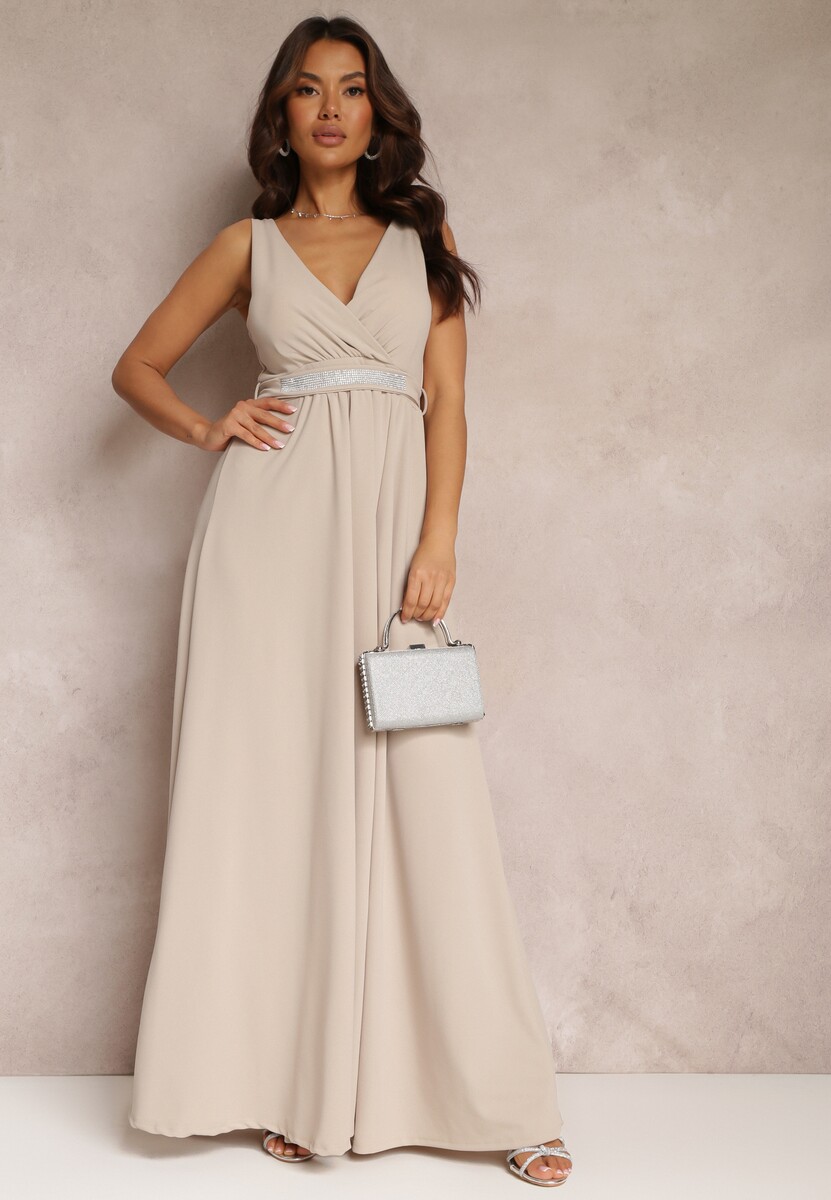 Jasnobeżowa Rozkloszowana Sukienka z Wycięciem i Paskiem w Cyrkonie Elineta