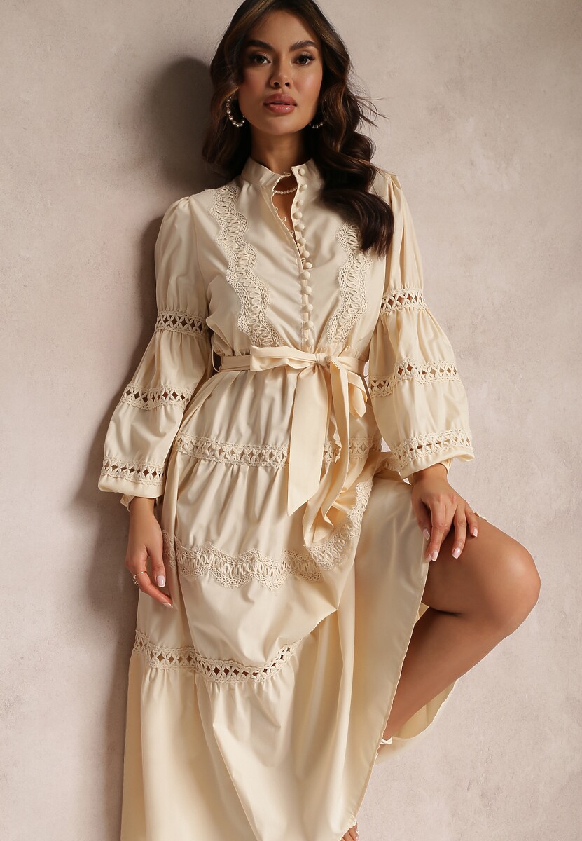 Beżowa Sukienka Midi z Guzikami i Koronkami Feralo