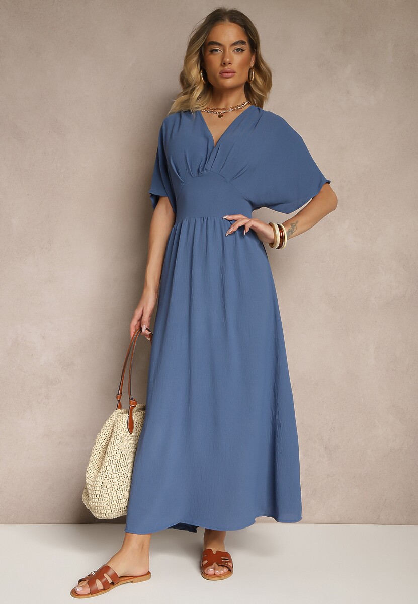 Granatowa Sukienka o Rozkloszowanym Kroju z Gumką w Talii Iffine