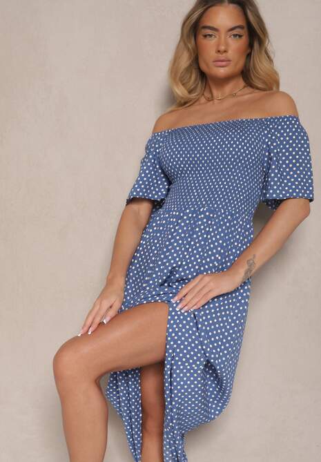 Niebieska Bawełniana Sukienka o Rozkloszowanym Kroju Zdobiona Printem w Groszki Lisanovia