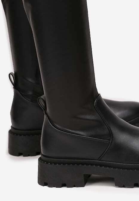 Czarne Kozaki za Kolano na Grubej Podeszwie Dolce