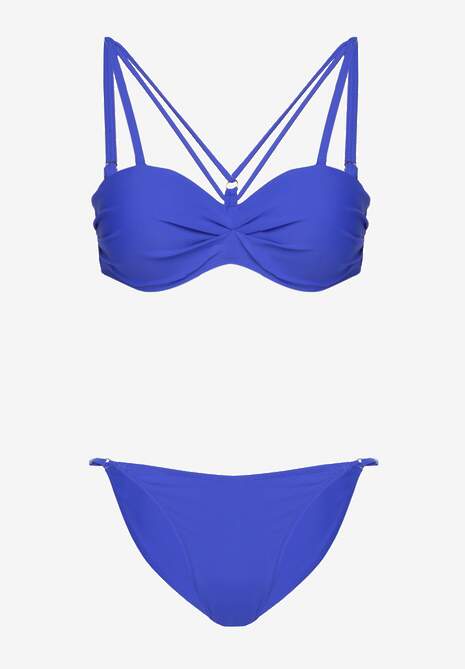 Niebieskie Bikini Majtki Typu Figi i Biustonosz z Ozdobnymi Paskami Fadelinna