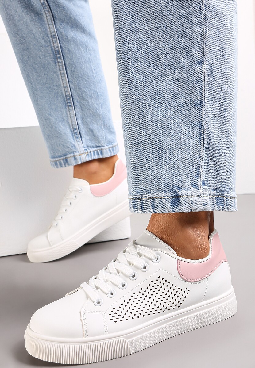 Biało-Różowe Sznurowane Sneakersy z Cholewką przed Kostkę i Okrągłym Noskiem Oberena