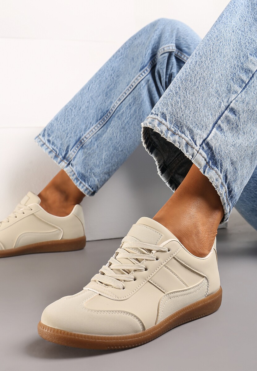 Beżowe Sneakersy z Ozdobnymi Przeszyciami przed Kostkę Redala