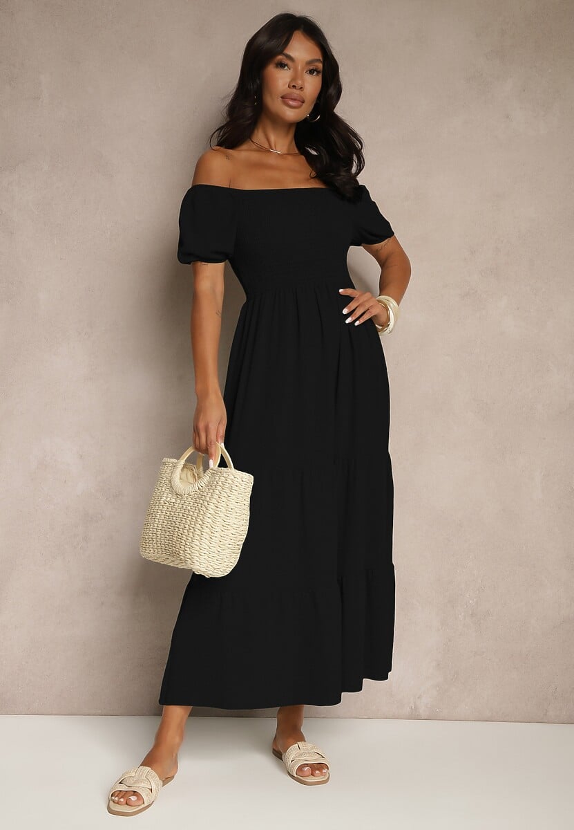 Czarna Sukienka Hiszpanka z Marszczoną Górą Lumirielle