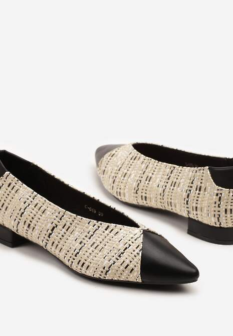 Beżowo-Czarne Czółenka Ozdobione Plecionką na Płaskim Obcasie Selliova
