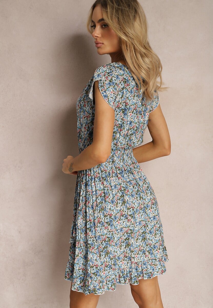 Niebieska Sukienka z Bawełny w Kwiaty z Gumką w Talii Gomalia