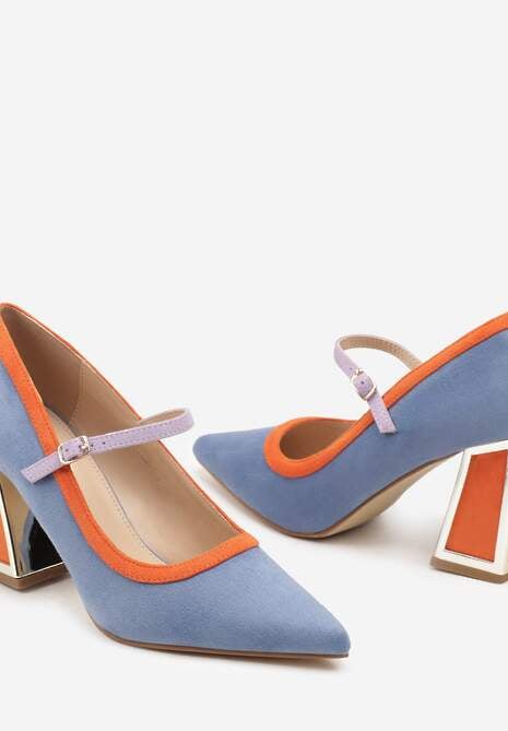 Niebieskie Czółenka na Słupku z Metaliczną Wstawką i Paskiem Linnelea