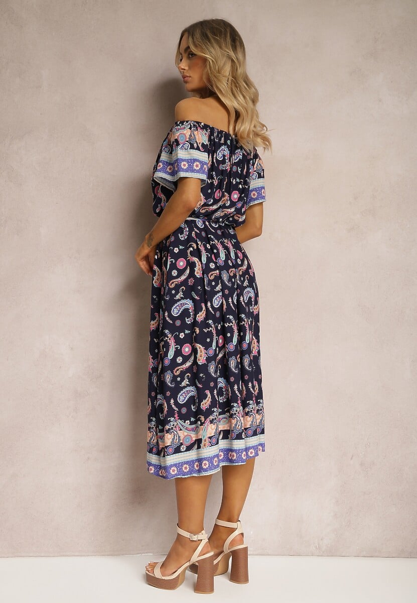 Granatowa Pudełkowa Sukienka z Bawełny we Wzór Paisley z Hiszpańskim Dekoltem Veranica