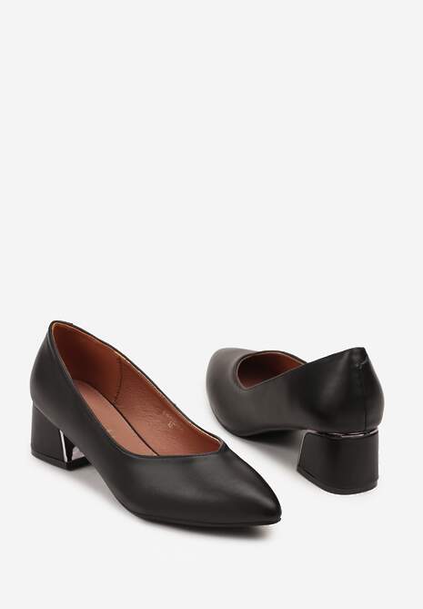 Czarne Czółenka Vices na Słupku z Wkładką ze Skóry Naturalnej z Metaliczną Ozdobą Mixin