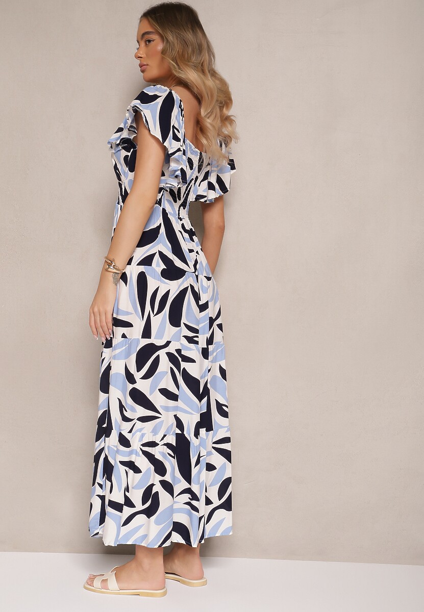 Niebieska Rozkloszowana Sukienka z Wiskozy w Geometryczny Wzór Anisoria