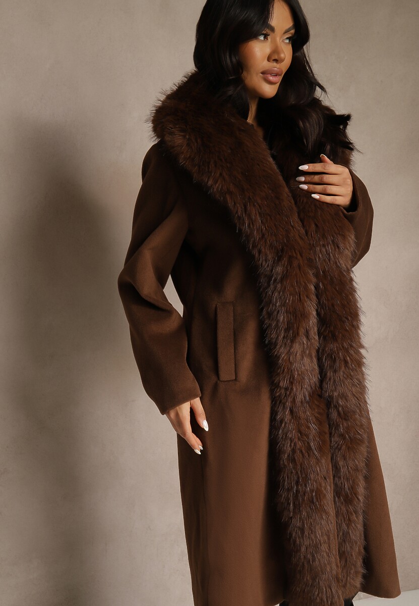 Brązowy Płaszcz z Odpinanym Futerkiem Lillvana