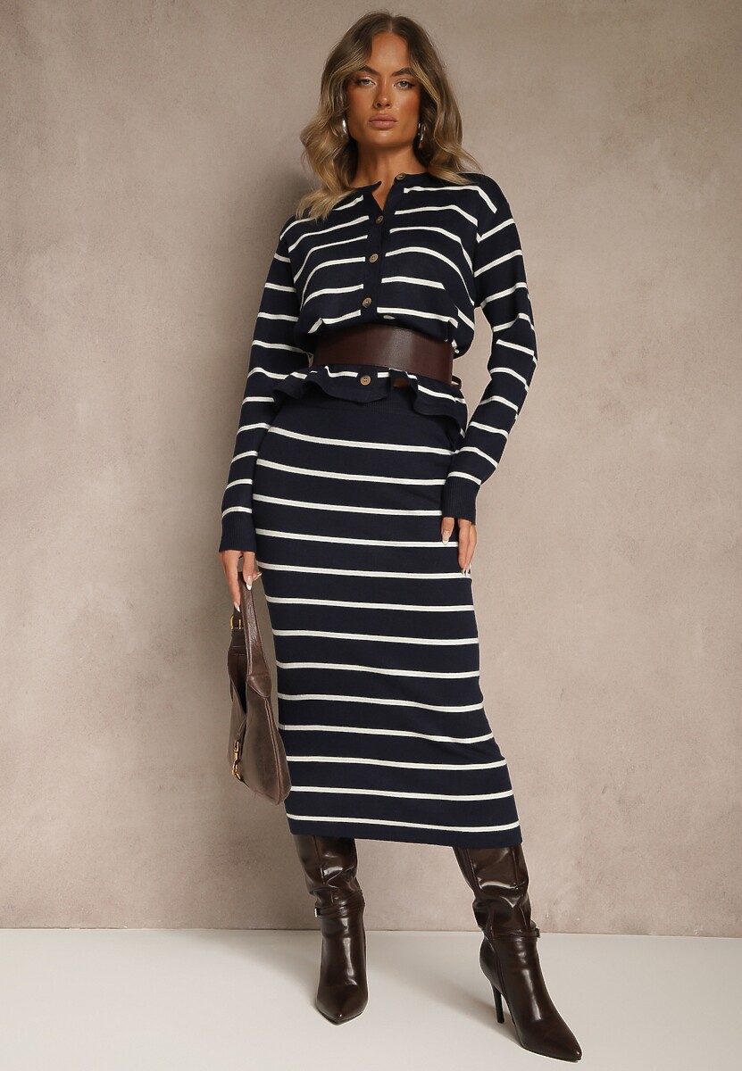 Granatowy Komplet z Wiskozą Spódnica i Bluzka z Guzikami Ozdobione Paskami Forrive