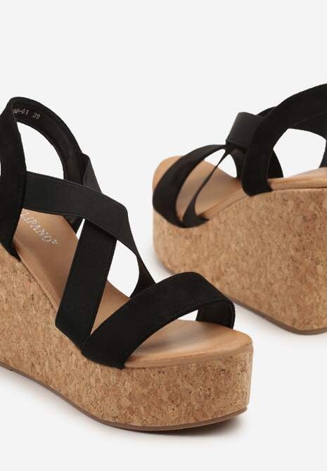 Czarne Sandały na Koturnie z Korka Fevalise