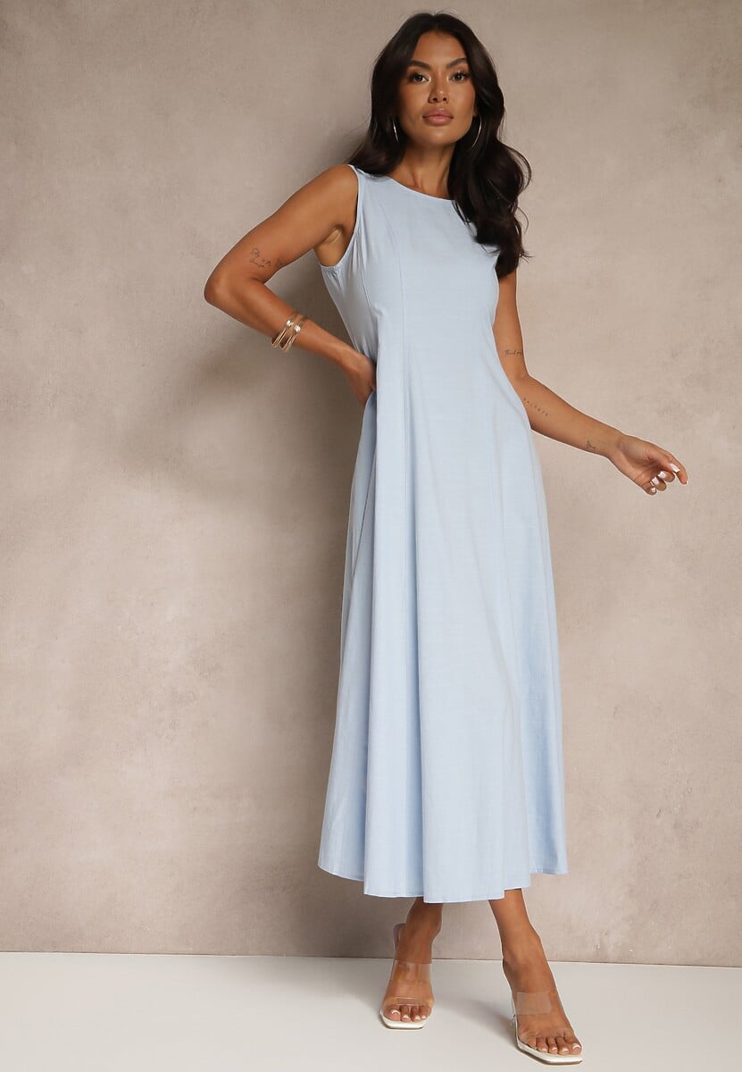 Niebieska Sukienka Rozkloszowana z Wiskozą Bawełną i Rozcięciem na Nogę Saravisse