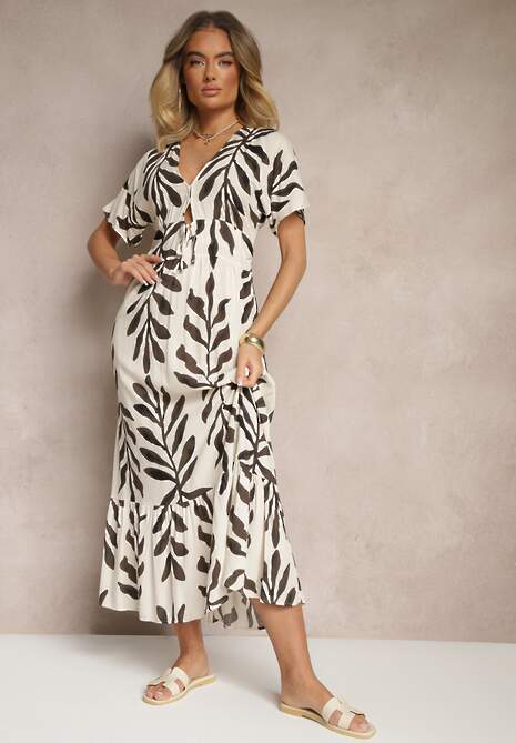 Czarna Wiskozowa Sukienka z Motywem Liści Verilin