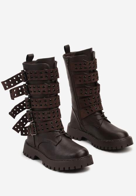 Brązowe Botki Bikery Ozdobione Paskami z Klamrami i Oczkami Kaletniczymi Niriel