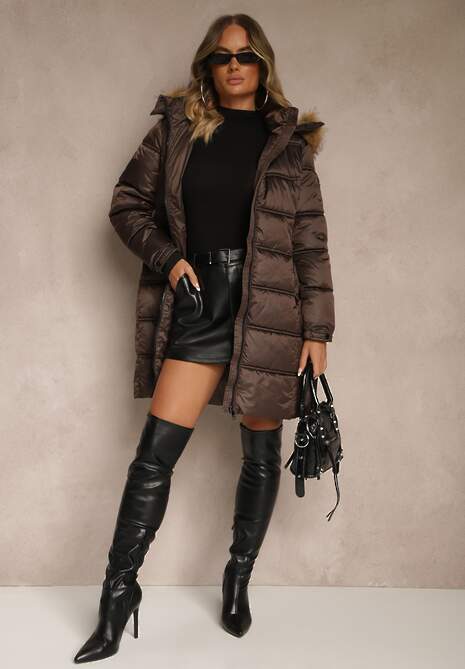 Ciemnobrązowa Pikowana Kurtka o Długim Fasonie z Odpinanym Kapturem z Futerkiem  Fenalda