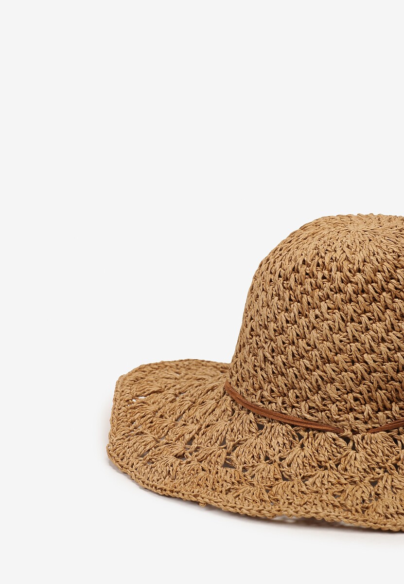 Ciemnobeżowy Szeroki Casualowy Kapelusz z Plecionki Ozdobiony Sznurkiem Nohsi