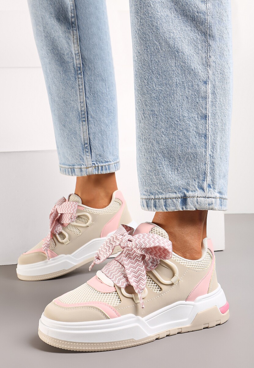 Beżowo-Różowe Sneakersy na Grubej Podeszwie z Ozdobnymi Sznurówkami Zeldema
