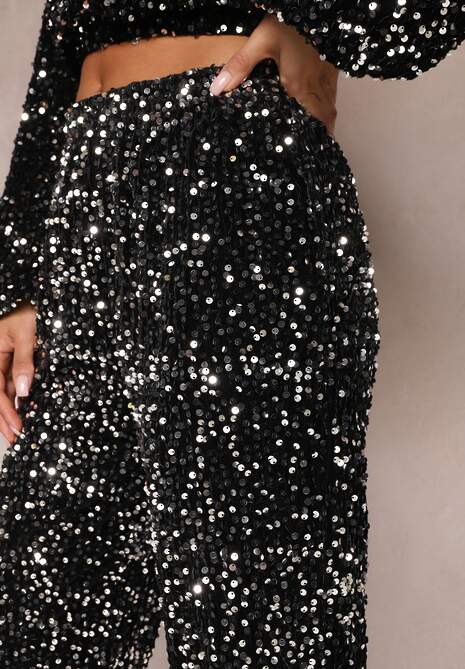 Srebrne Szerokie Spodnie w Cekiny z Welurowej Tkaniny Naress