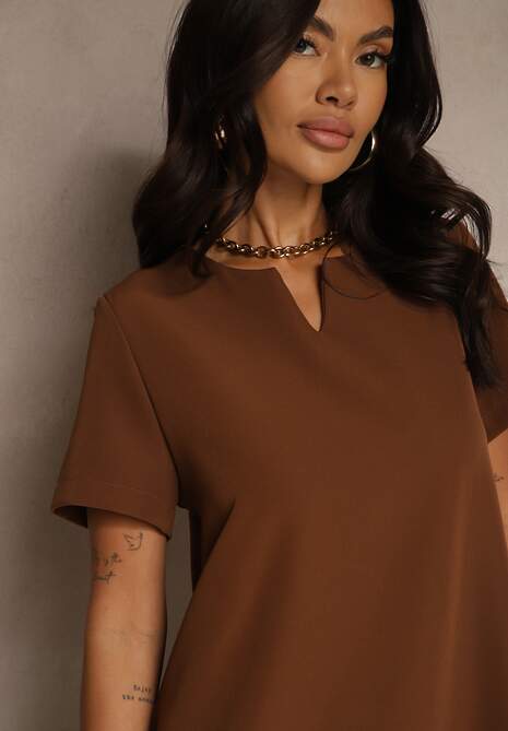 Brązowa Trapezowa Sukienka Mini z Krótkim Rękawem i Kieszeniami Vrea