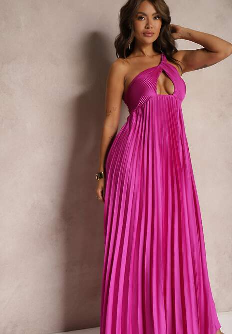 Fioletowa Asymetryczna Sukienka Plisowana na Jedno Ramię z Gumką w Talii Elashay