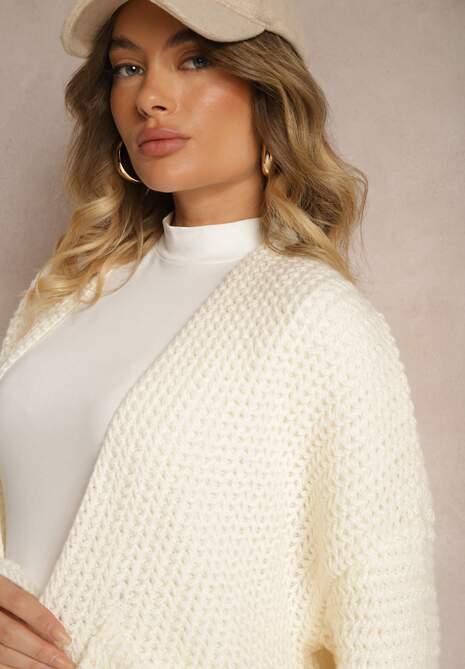 Jasnobeżowy Kardigan Bez Zapięć Zdobiony Luźnym Splotem i Wsuwanymi Kieszeniami Calineth