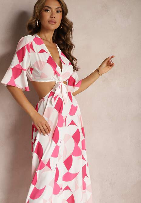 Różowa Kopertowa Sukienka Maxi z Rozkloszowanym Dołem i Wiązaniem Alylina