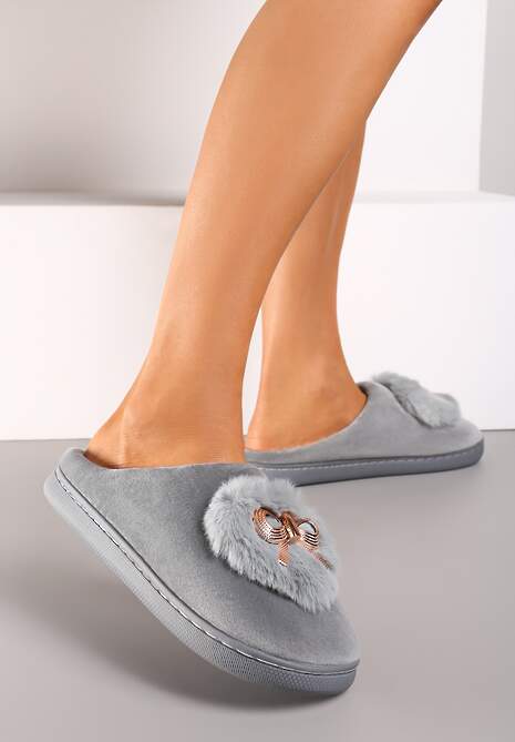 Szare Kapcie na Płaskiej Podeszwie z Kokardą Lerilina