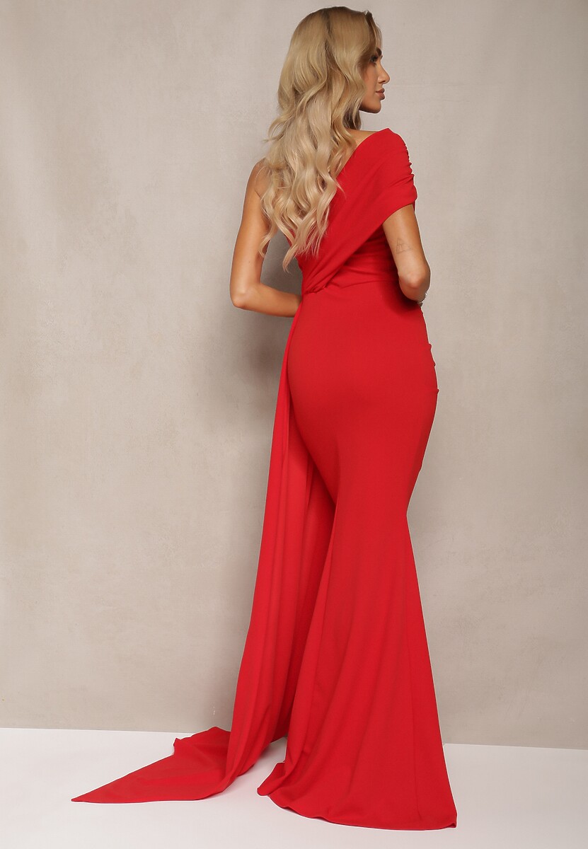 Czerwona Sukienka Maxi bez Ramiączek z Ozdobnym Trenem i Marszczeniem Kaliel