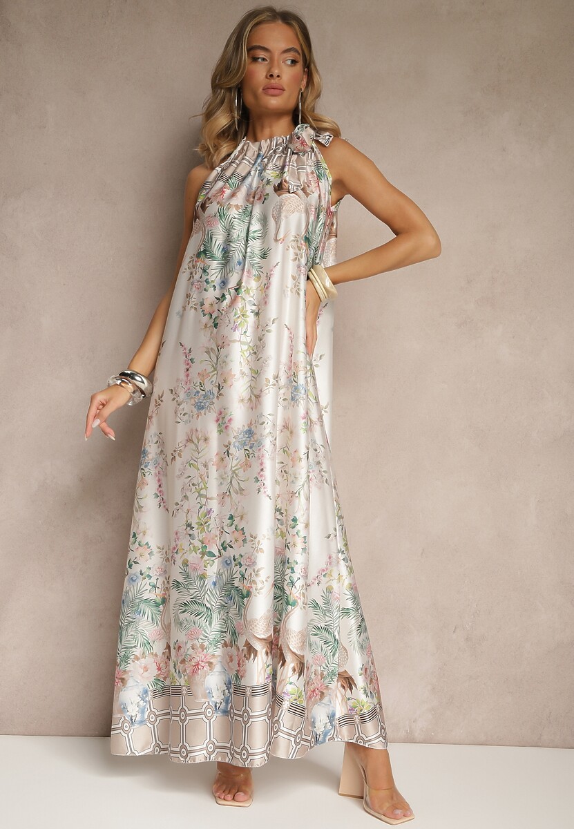 Biała Sukienka z Satyny Zdobiona Kwiatowym Wzorem i Wiązaniem Fenalesa