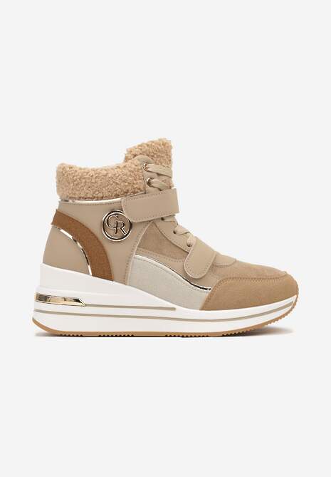 Ciemnobeżowe Sneakersy na Koturnie z Metalicznymi Wstawkami i Sztucznym Futerkiem Lerilanes