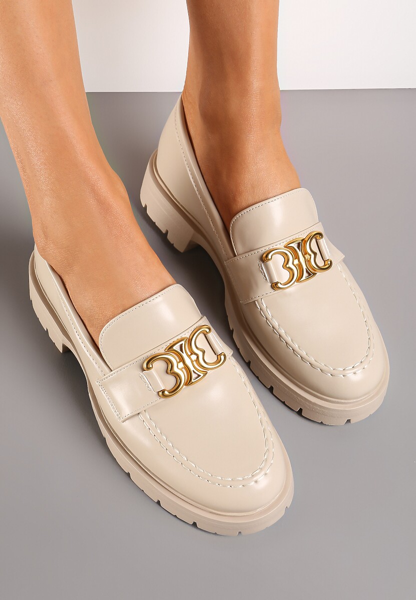 Beżowe Eleganckie Mokasyny Ozdobione Klamerką i Przeszyciem z Przodu Nastra