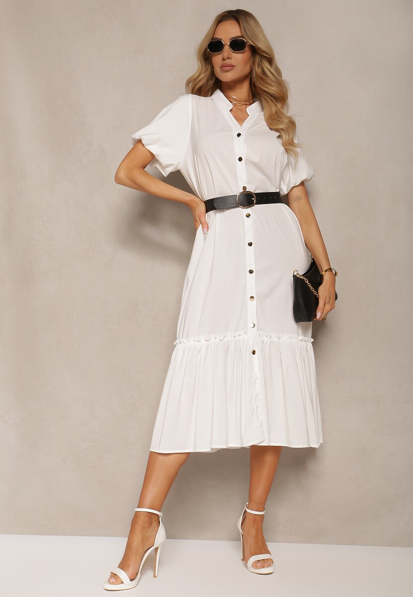 Biała Rozkloszowana Sukienka Zapinana na Guziki z Paskiem z Ekoskóry i Krótkim Rękawem Wontia