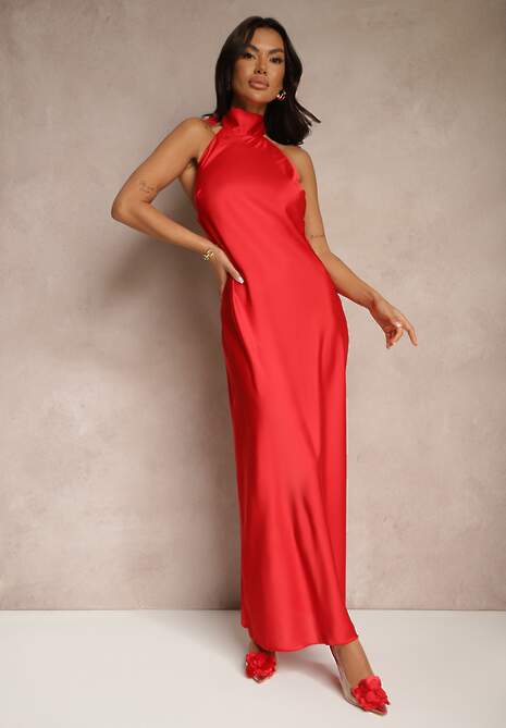 Czerwona Sukienka Satynowa z Dekoltem Halter i Odkrytymi Plecami Belas