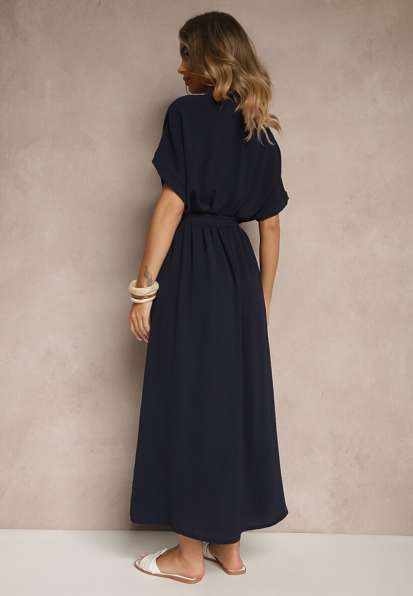 Granatowa Rozkloszowana Sukienka z Bawełną i Paskiem Lunapinia