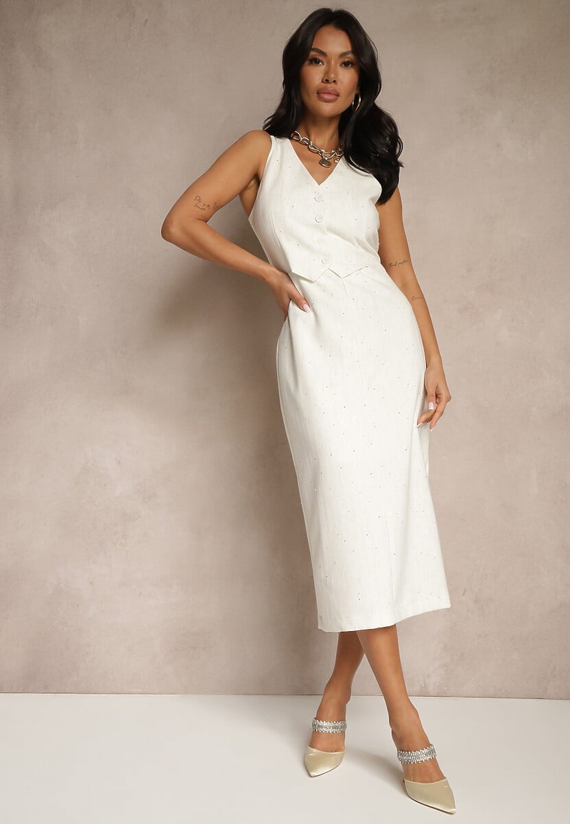 Jasnobeżowa Sukienka z Lnem o Taliowanym Kroju z Imitacją Kamizelki z Cekinami Rosarienna