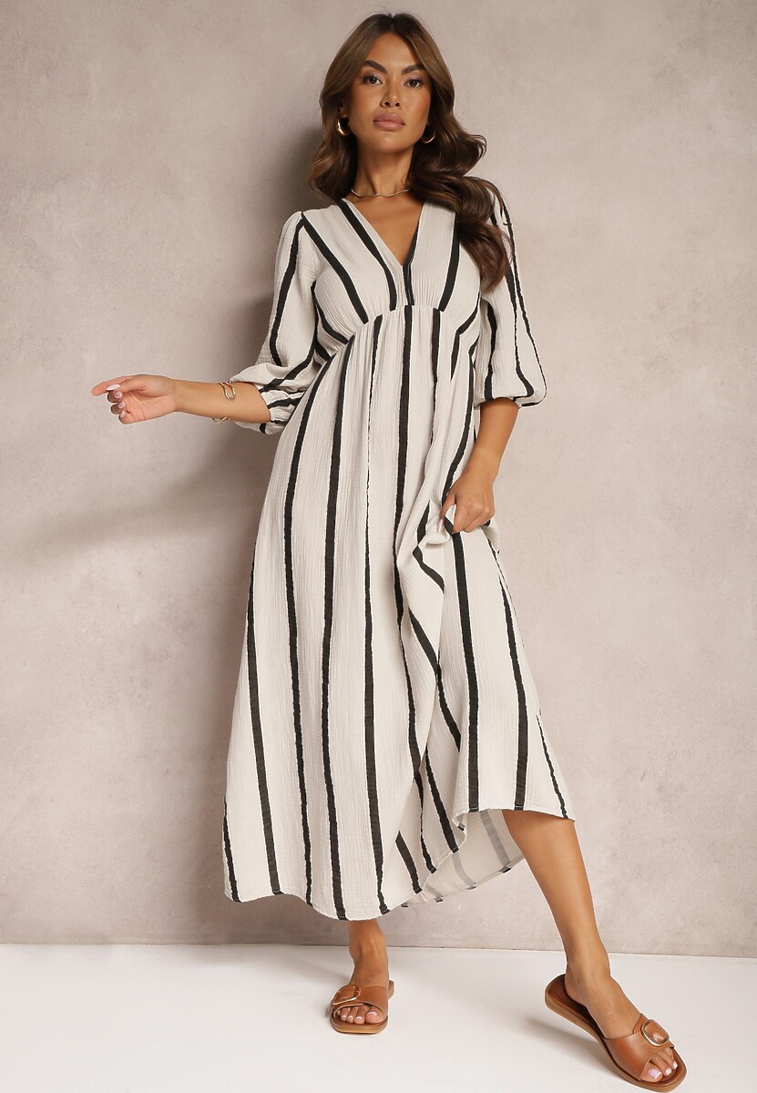 Fioletowa Bawełniana Sukienka w Paski o Rozkloszowanym Kroju Legelia